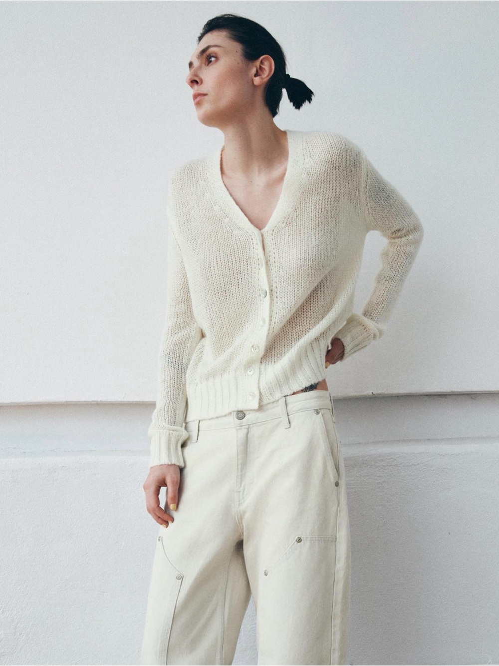 Zara Cream V-Neck Button Knit Cardigan